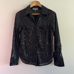 Anthropologie Sunday in Brooklyn Black Sequins Buttondown Long Sleeve Blouse S